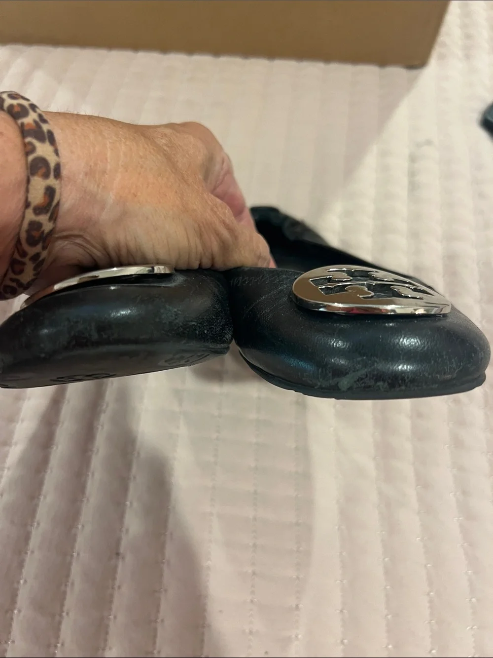 Tory Burch Black Leather Logo Round-Toe Ballet Flats
